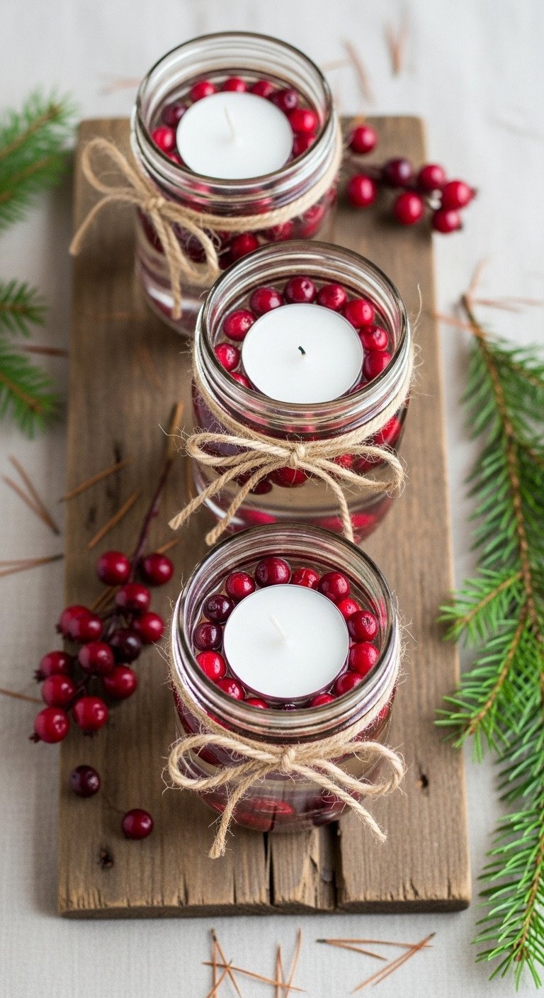 11 Cozy Rustic Christmas Coffee Table Decor Ideas 5 Rustic Christmas coffee table decor: vintage mason jars with faux cranberries, floating tea lights, jute twine, reclaimed barn wood.