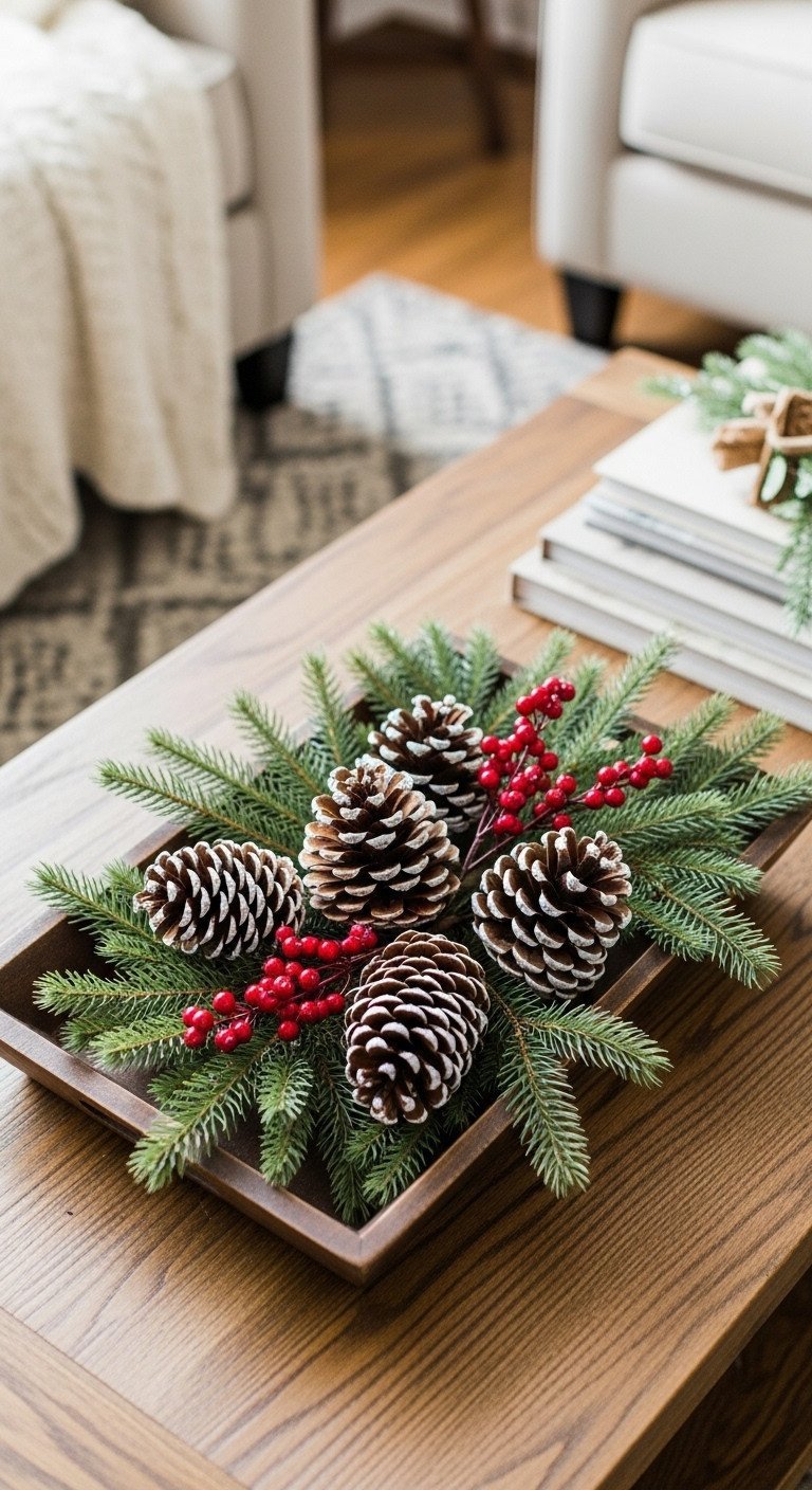 Rustic Christmas coffee table decor with snow-tipped pinecones, evergreen, and red berries in a dark wooden tray on a cozy rug.