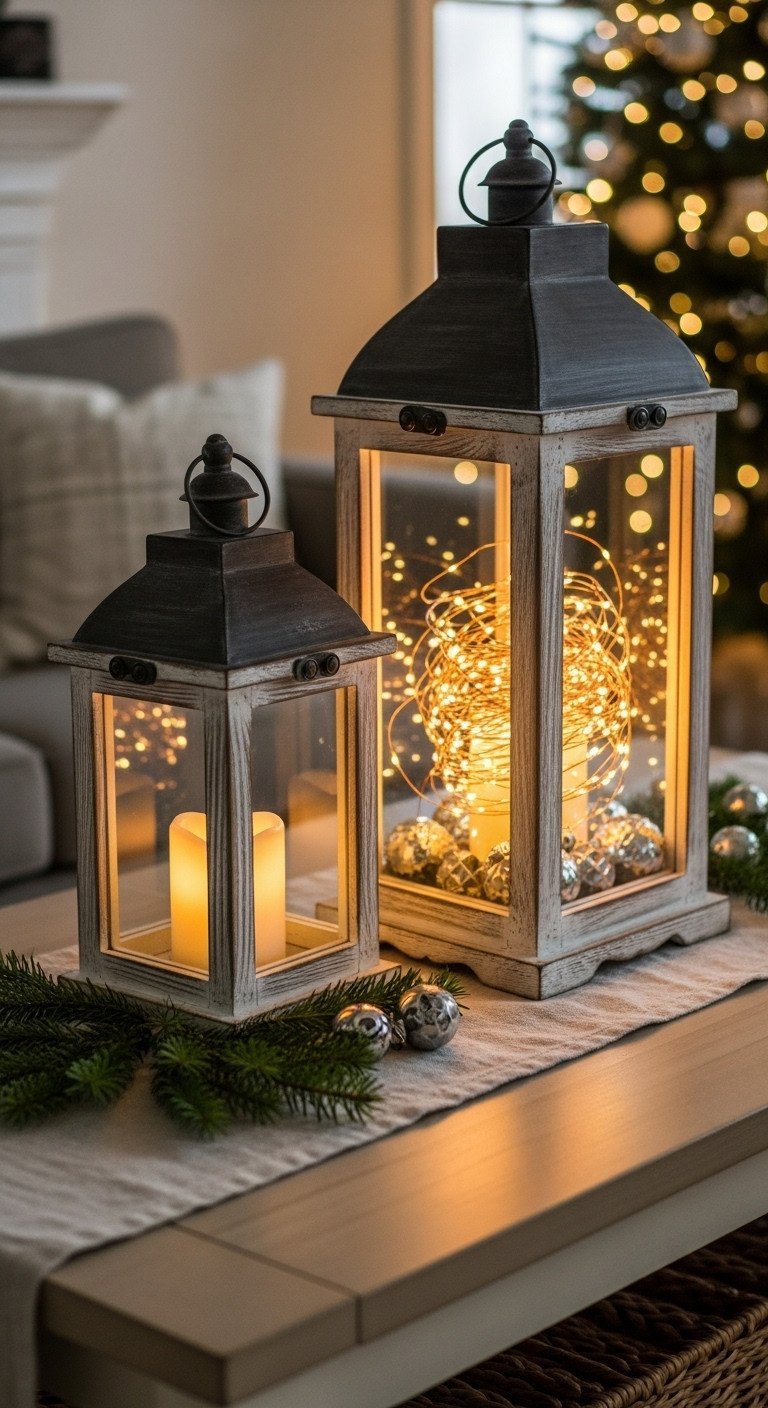 11 Cozy Rustic Christmas Coffee Table Decor Ideas 3 Rustic Christmas coffee table: distressed wood lanterns, flickering LED candle, copper fairy lights, silver ornaments on neutral runner.