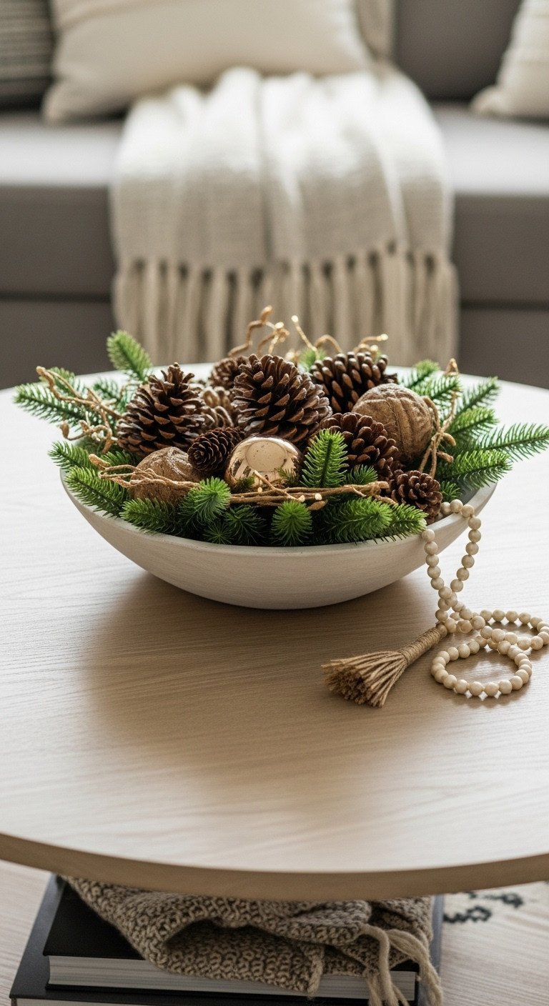 Rustic Christmas coffee table: statement bowl with pine cones, metallic baubles, natural garland, and cozy throw.