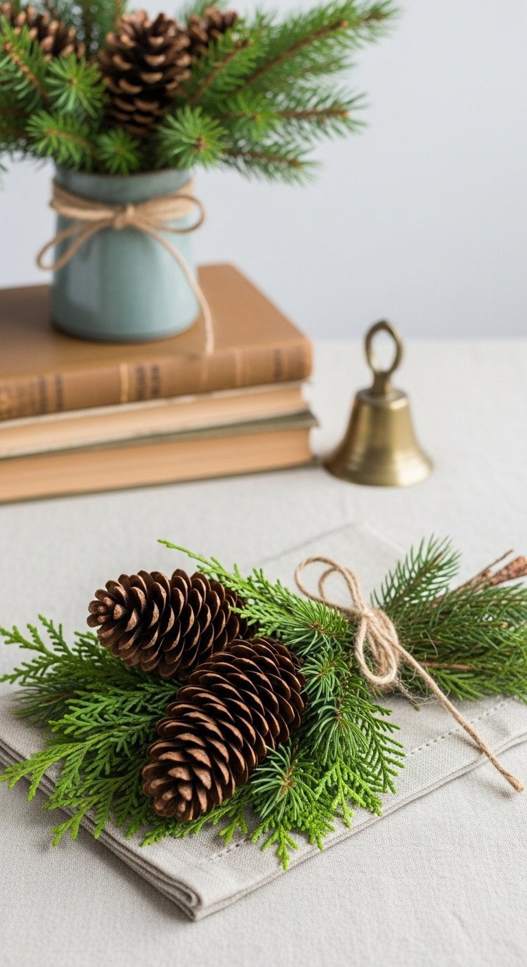 Rustic Christmas coffee table vignette: pinecones, evergreen sprigs with jute twine on linen, styled with decorative books.