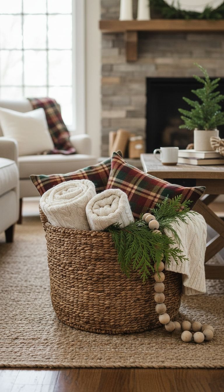 11 Cozy Rustic Christmas Coffee Table Decor Ideas 21 Rustic Christmas decor: reclaimed wood sign, white ceramic houses, faux snow, evergreen sprigs on neutral table. Cozy.