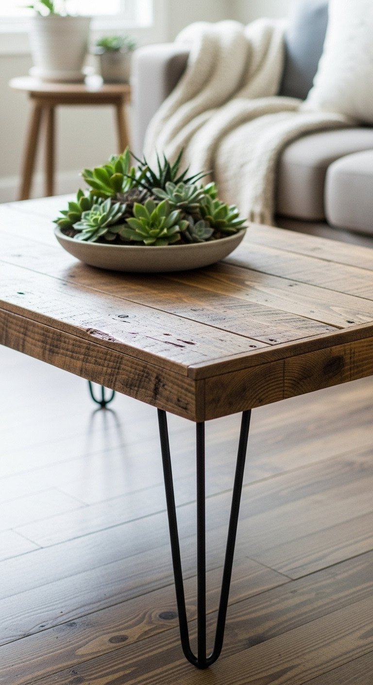 Rustic DIY reclaimed wood coffee table with distressed planks & matte black hairpin legs in a warm living room.