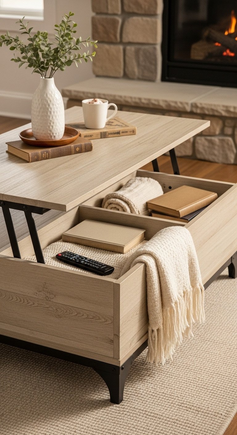 Unlock Genius Storage In A Quality Lift-Top Coffee Table 2 Rustic Farmhouse lift-top coffee table, distressed light wood, dark metal frame, half-lifted revealing hidden storage with blankets, books.