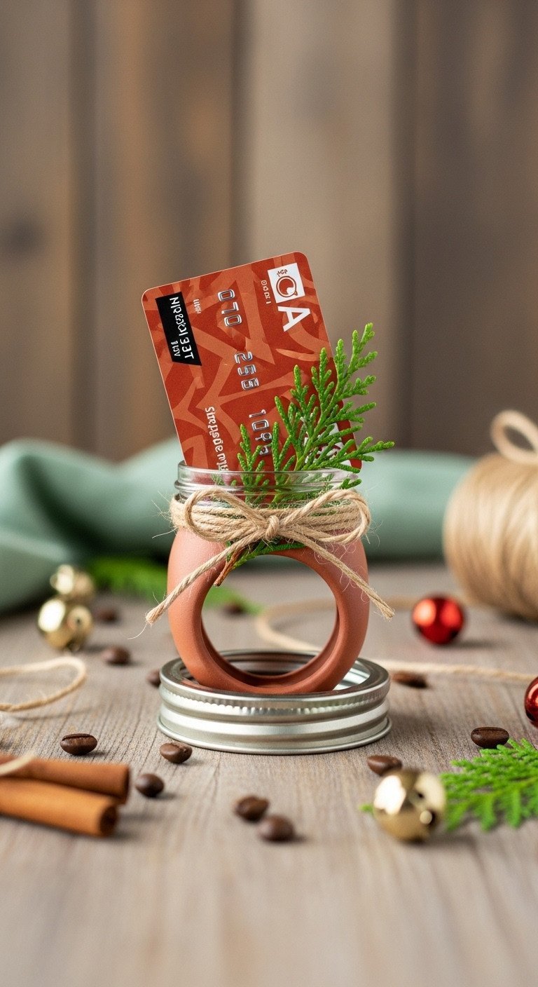 Rustic Mason jar ring gift card holder with natural twine and cedar sprig, securing a gift card on wood.