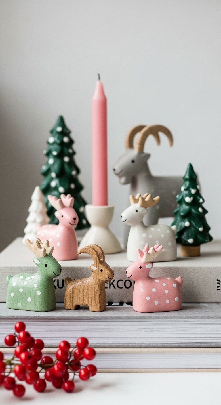 Rustic Nordic Christmas decor: wooden Yule goats & ceramic reindeer on coffee table books with red berries.