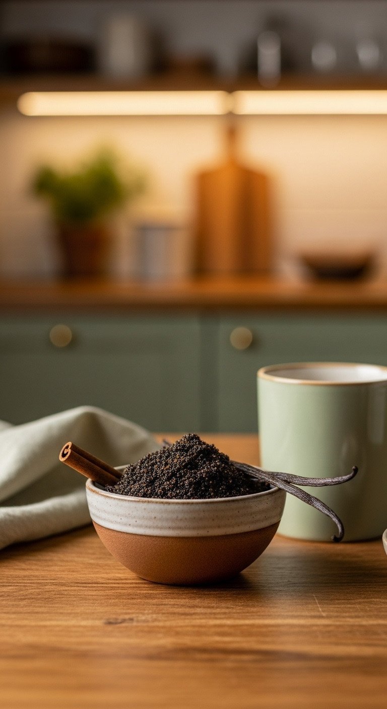 Rustic bowl of warm vanilla and cinnamon coffee scrub with a cinnamon stick and vanilla pod on a dark wooden kitchen table.