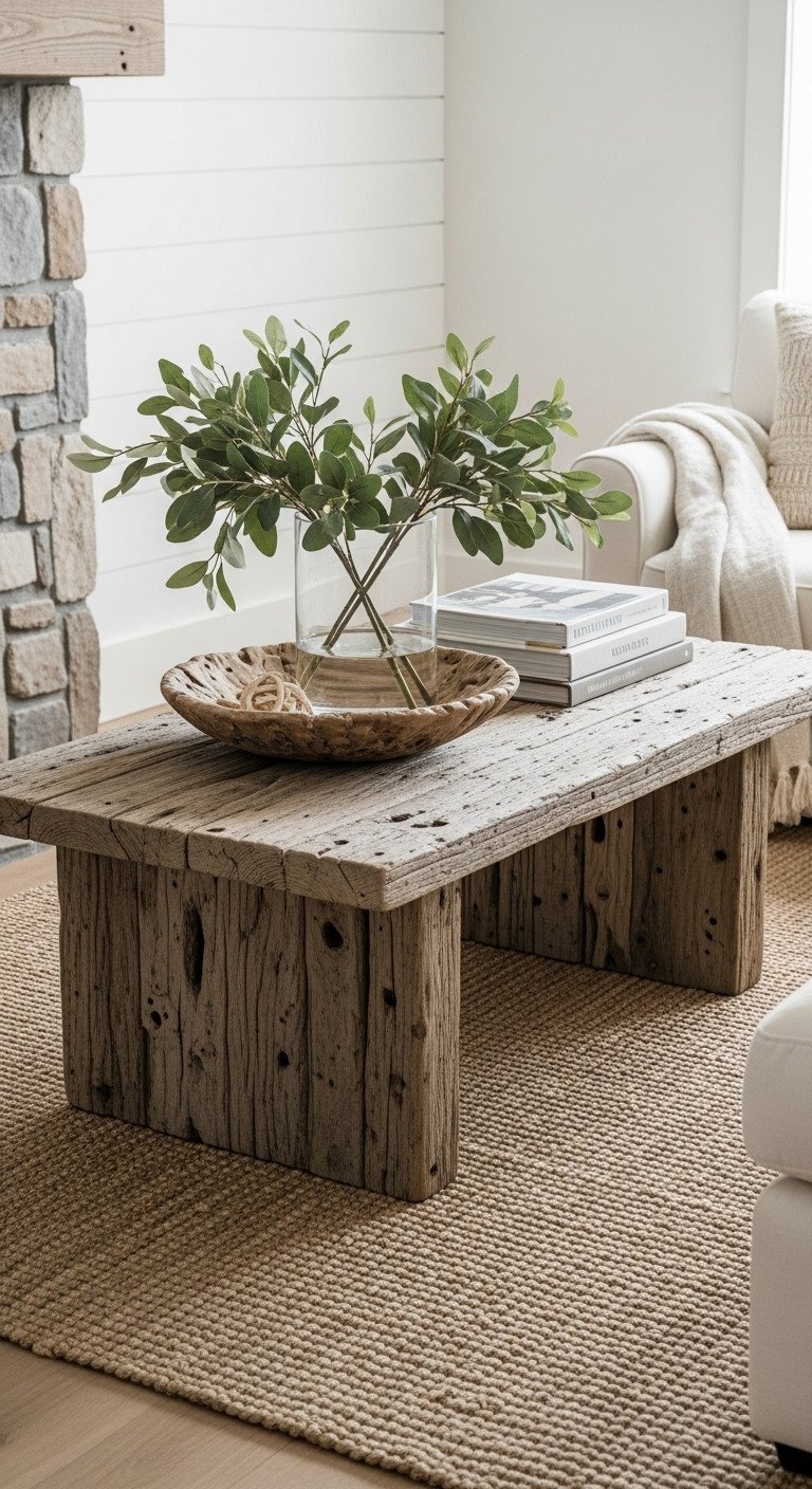 Rustic coastal driftwood coffee table, weathered finish. Jute rug, stone fireplace, linen throw.