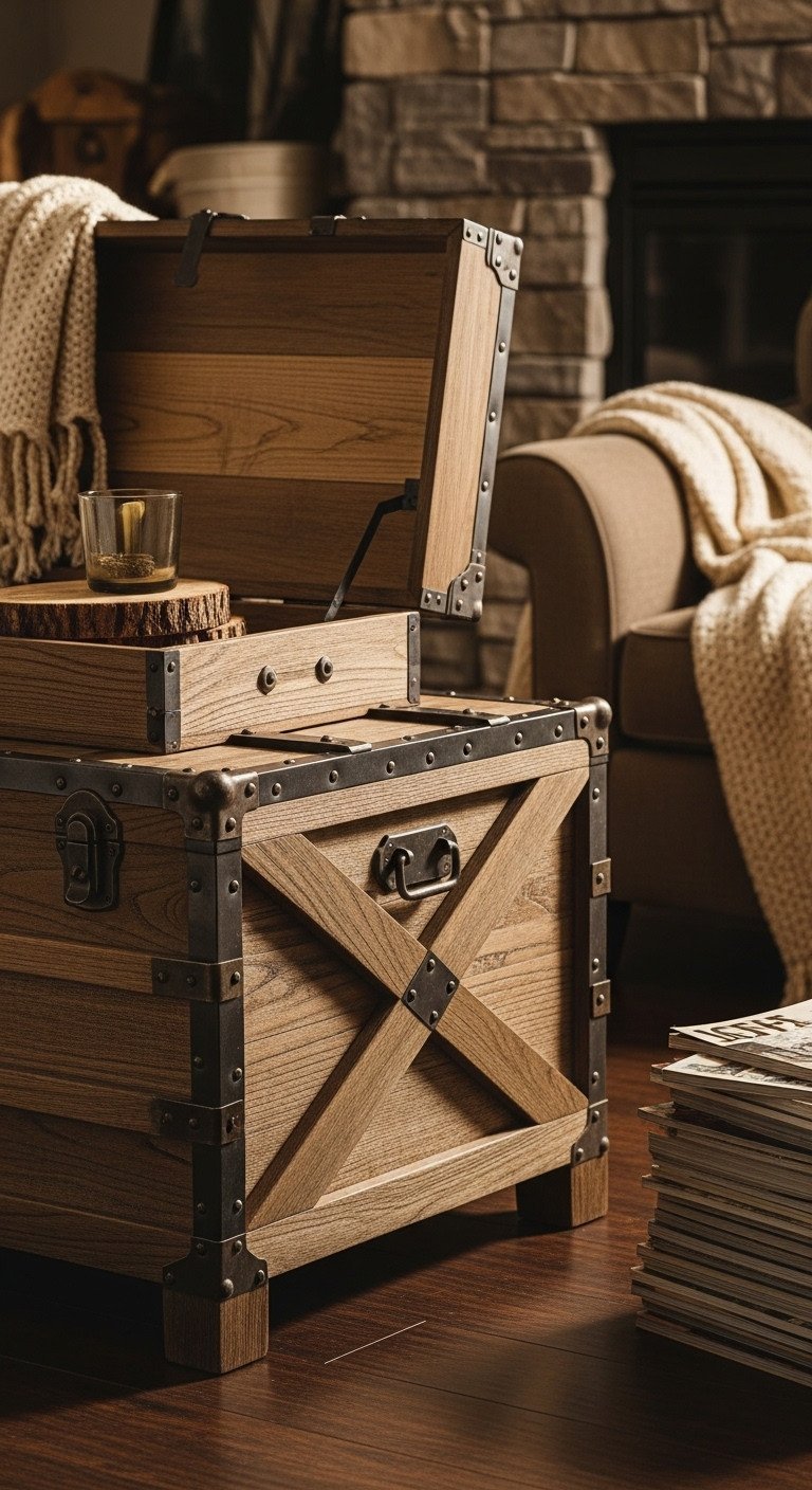 Rustic country cottage with a weathered dark wood farmhouse trunk coffee table, open storage, metal accents, X-frame legs.
