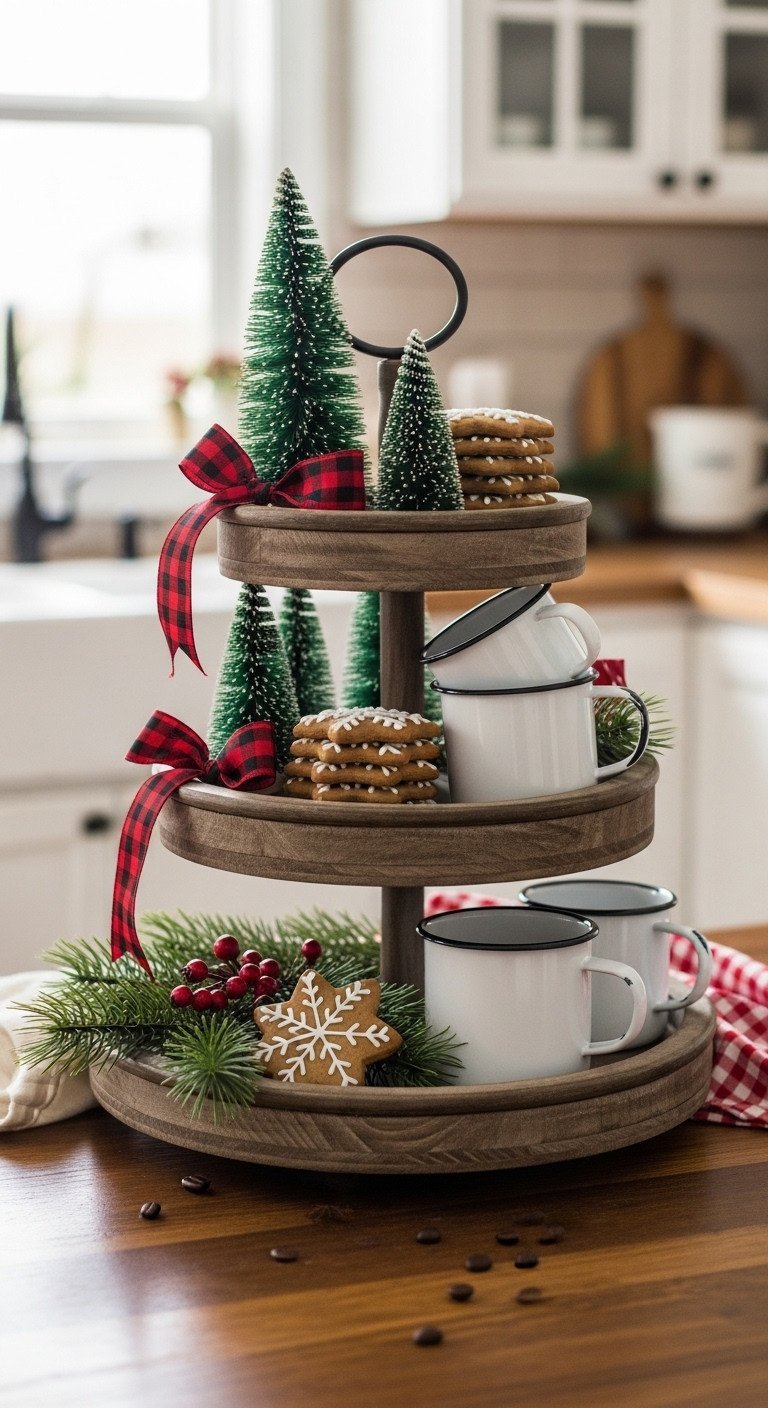 Rustic farmhouse Christmas coffee corner with a tiered wooden tray, bottle brush trees, gingerbread cookies, and vintage mugs.