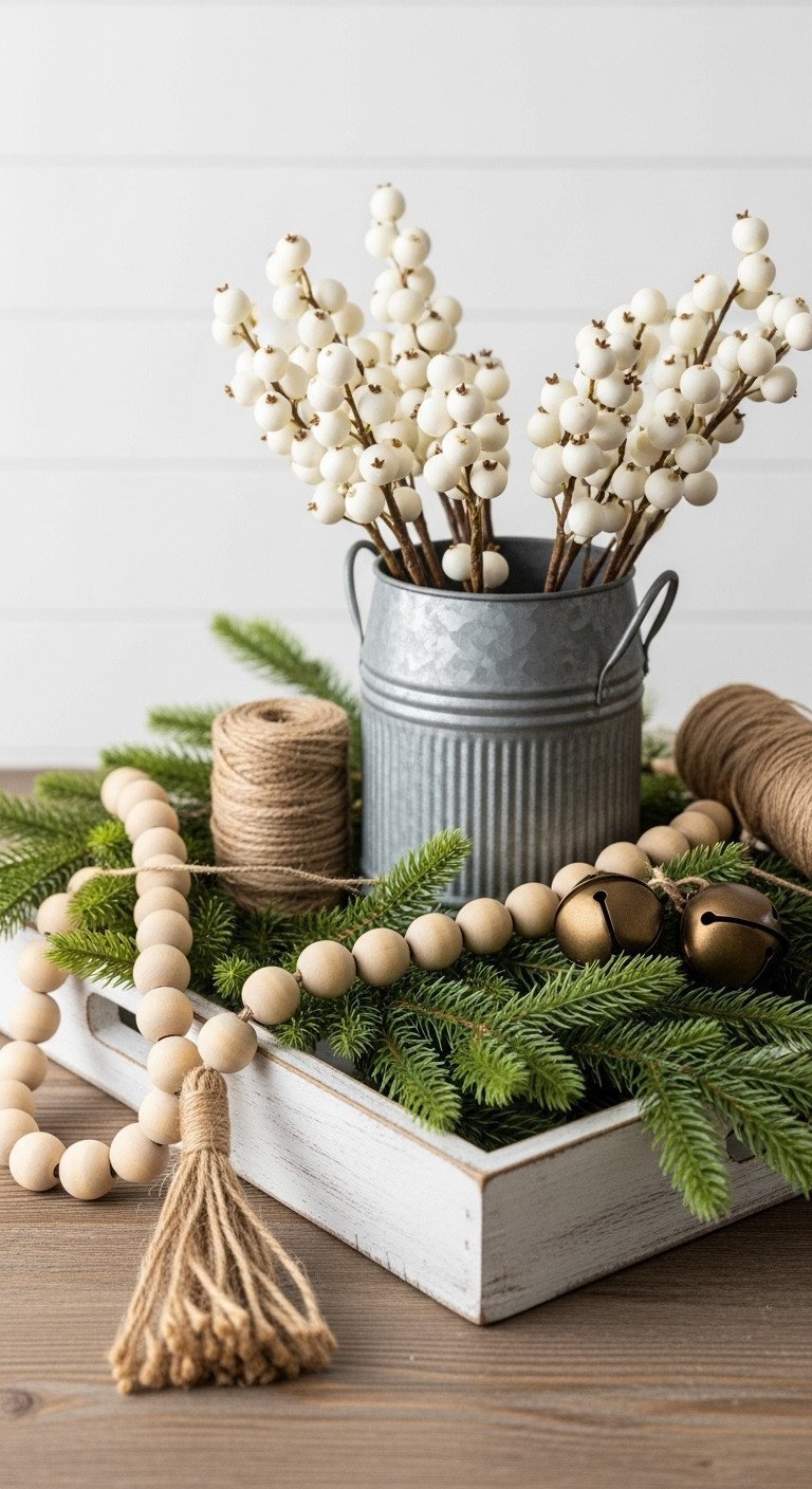 Rustic farmhouse Christmas coffee table decor: wooden bead garland, distressed white tray, pine, metal container, white berries.