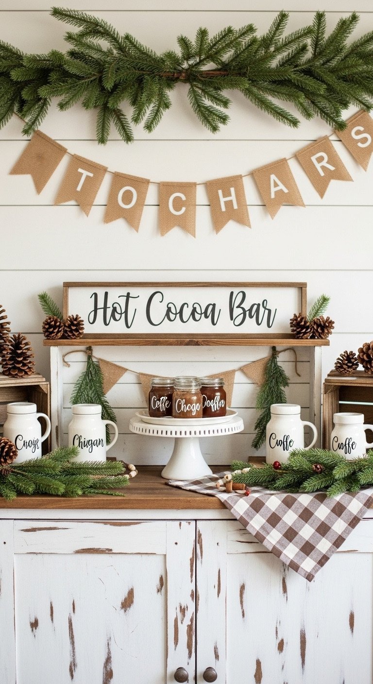 11 Genius Christmas Coffee Hot Chocolate Bar Ideas 5 Rustic farmhouse Christmas hot cocoa bar with festive wooden decor, pine garland, and burlap banners on a distressed cabinet.