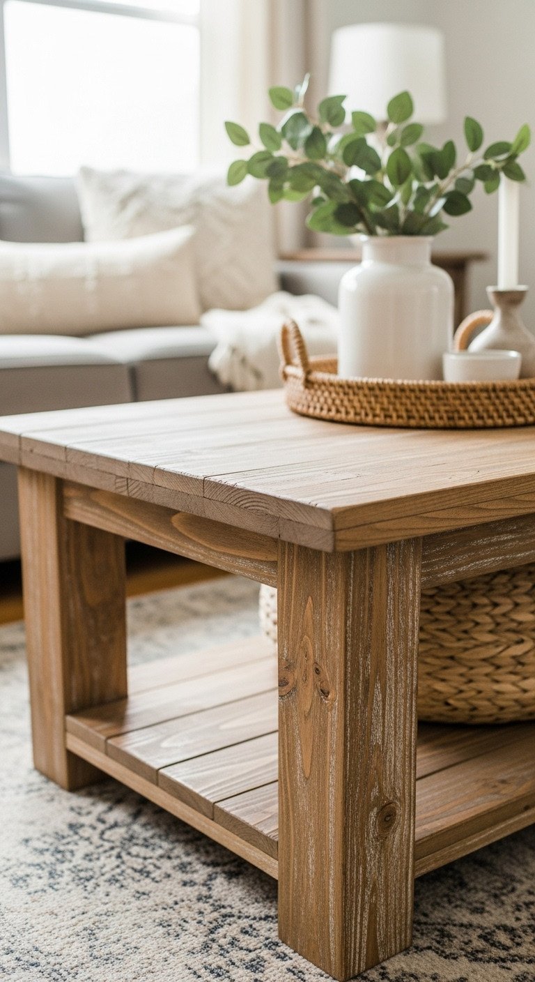 Rustic farmhouse coffee table, distressed wood grain, weathered finish. Cozy living room home decor with neutral accents.
