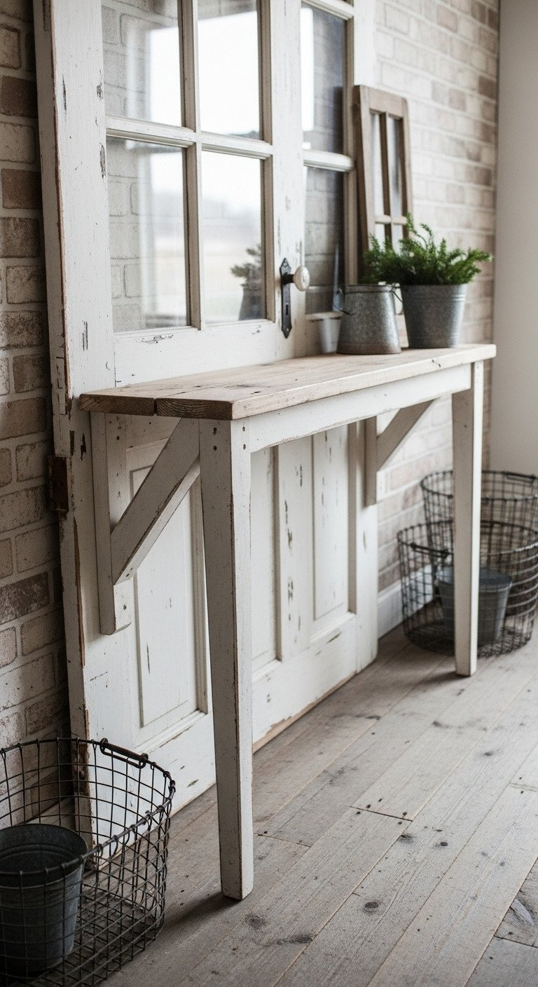 Rustic farmhouse console table crafted from an old distressed white paneled door with rustic legs, wire baskets on a wood floor.
