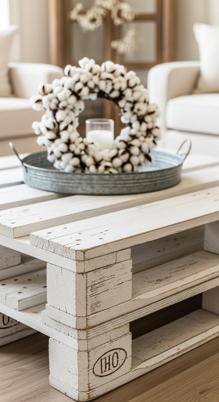 7 Genius Pallet Wood Coffee Table Ideas For Easy DIY 9 Rustic farmhouse pallet coffee table, distressed white/gray wood. Wreath, galvanized tray on light floor, rustic room. Warm creams, light grays.