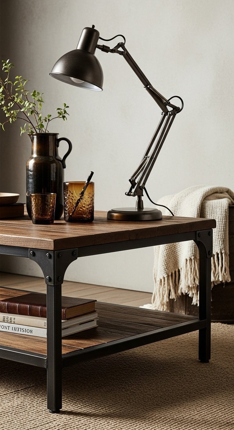 Elevate Your Living Room With 7 Genius Rustic Coffee Tables 5 Rustic industrial coffee table with dark weathered wood top, black metal frame, hardware details, styled with books and lamp.