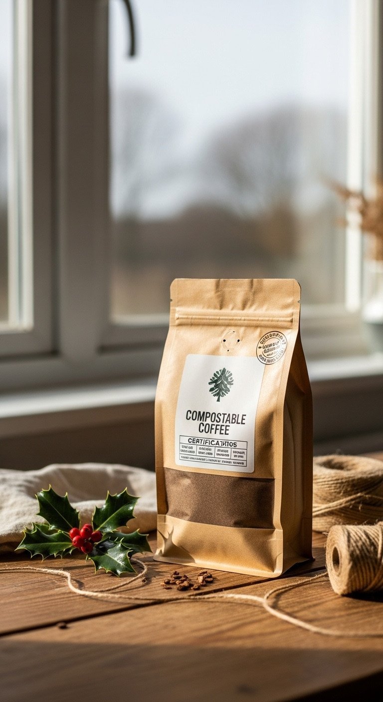 Rustic modern compostable coffee pouch in terracotta and sage green, on natural wood with holly and twine, illuminated by window light.