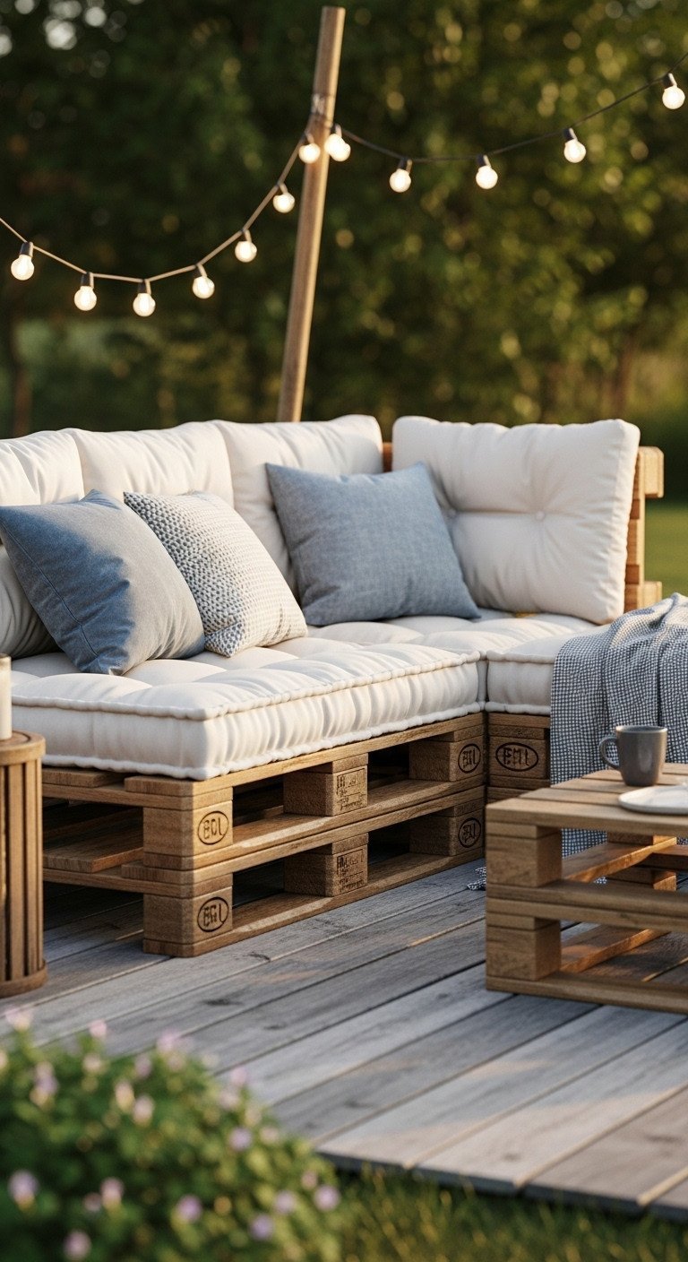 Rustic modular outdoor sectional sofa crafted from pallet wood with plush cushions, throw pillows, string lights on a weathered deck.