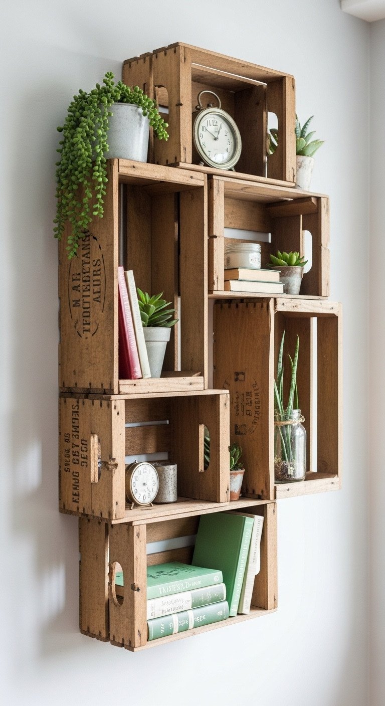 Rustic modular wall shelves from upcycled wooden wine crates displaying succulents, antique clocks, and books on a neutral wall.