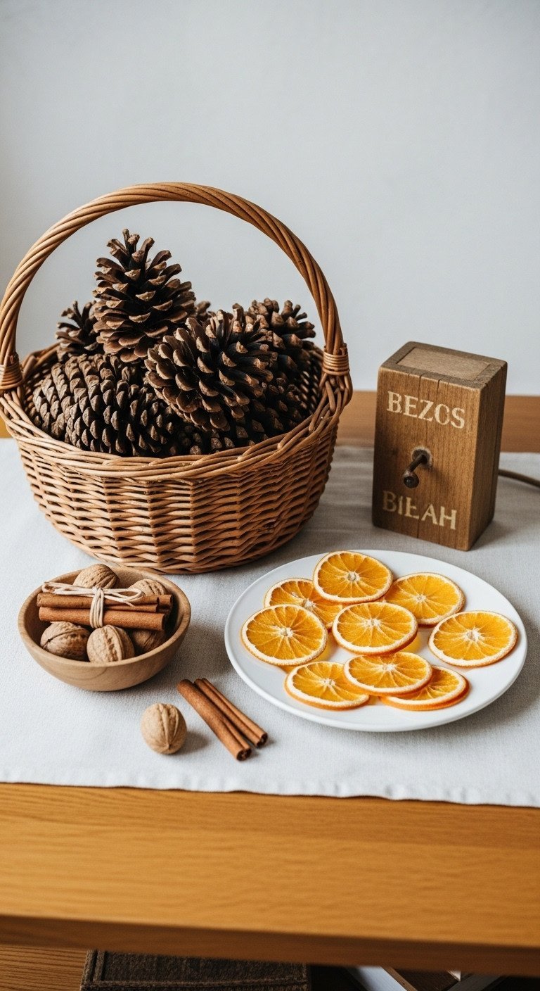 Style Your Coffee Table With 9 Vintage Christmas Decor Hacks 15 Rustic natural Christmas decor: wicker basket with pinecones, dried orange slices, wooden block, walnuts, and cinnamon sticks.