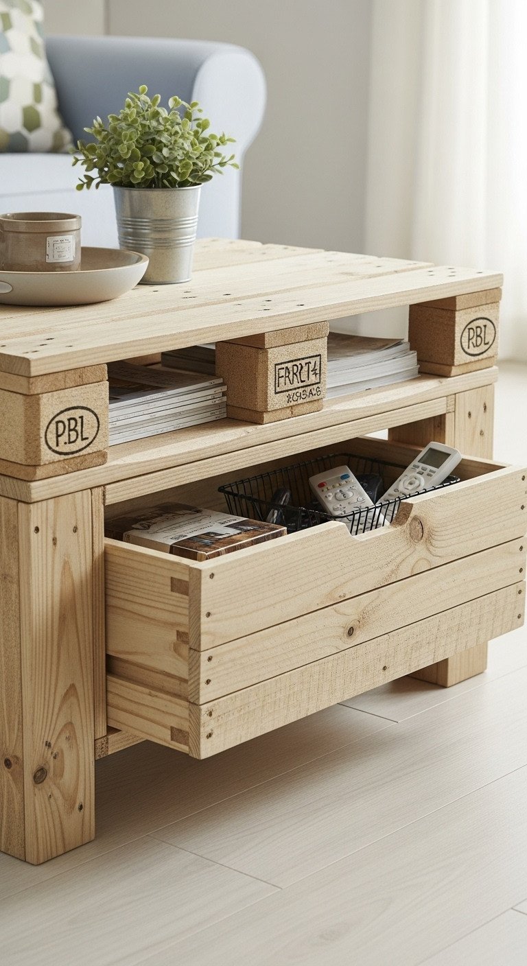 Rustic pallet wood coffee table with integrated open storage, light wood finish, organized with magazines and plants.