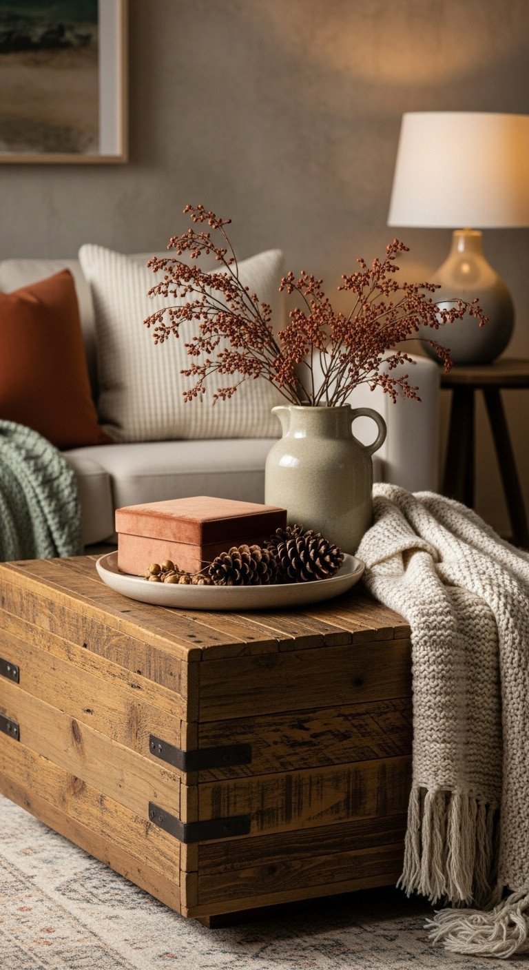 Rustic reclaimed wood coffee table with distressed finish, styled with velvet box, knitted throw, pinecones. Cozy living room decor.
