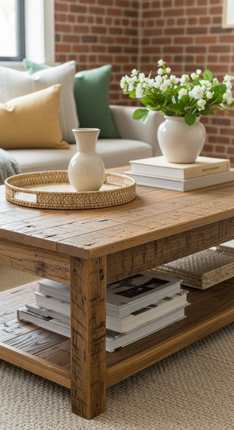 7 Unique Wood Coffee Table Styles For Your Home 1 Rustic reclaimed wood coffee table with visible grain and distressing, styled with books and a vase in a cozy living room.
