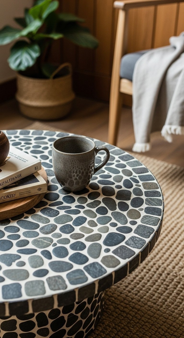 Unique Stone Coffee Table Designs To Transform Any Living Space 11 Rustic river stone mosaic coffee table with organic shapes and varying colors, on a woven rug in a natural living space.
