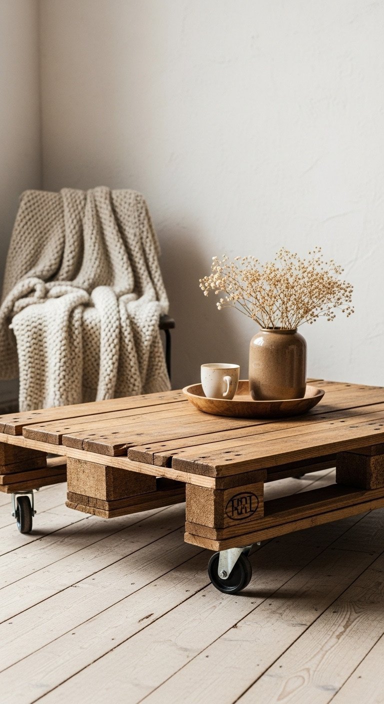Rustic upcycled pallet wood coffee table with dark stain, casters, reclaimed texture on wood floor. Cozy DIY furniture.