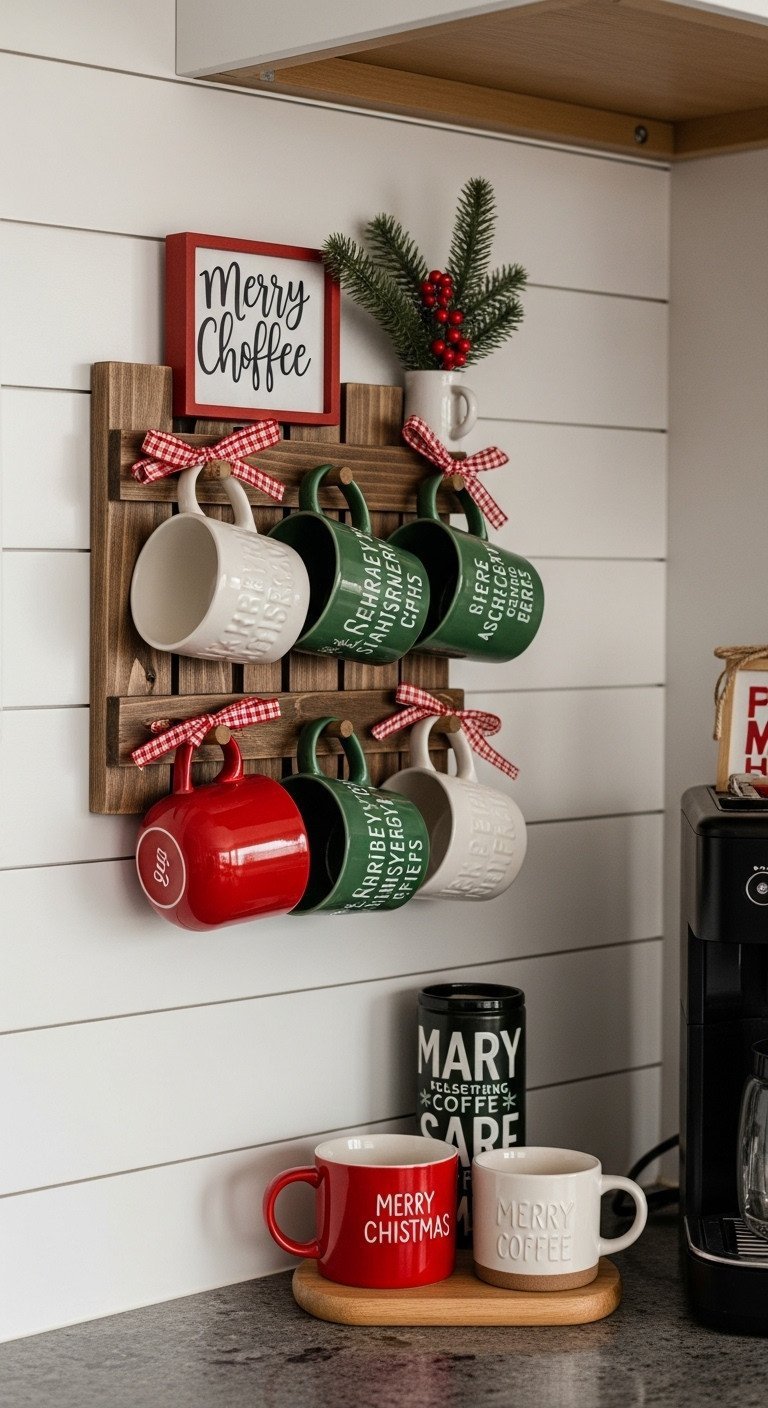 Rustic wall-mounted mug rack with festive red, green, white Christmas mugs, holly sprig on a neutral shiplap wall, cozy.