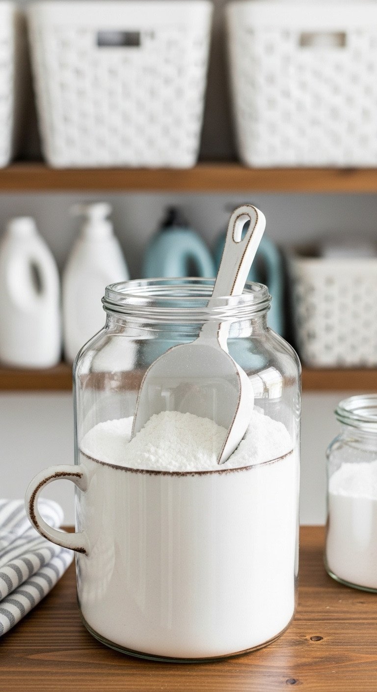 11 Tea Cup Upcycle Ideas Master China Drilling and Permanent Bonds 23 Rustic white teacup repurposed as a laundry soap scoop in a glass jar of detergent, a farmhouse laundry accessory.