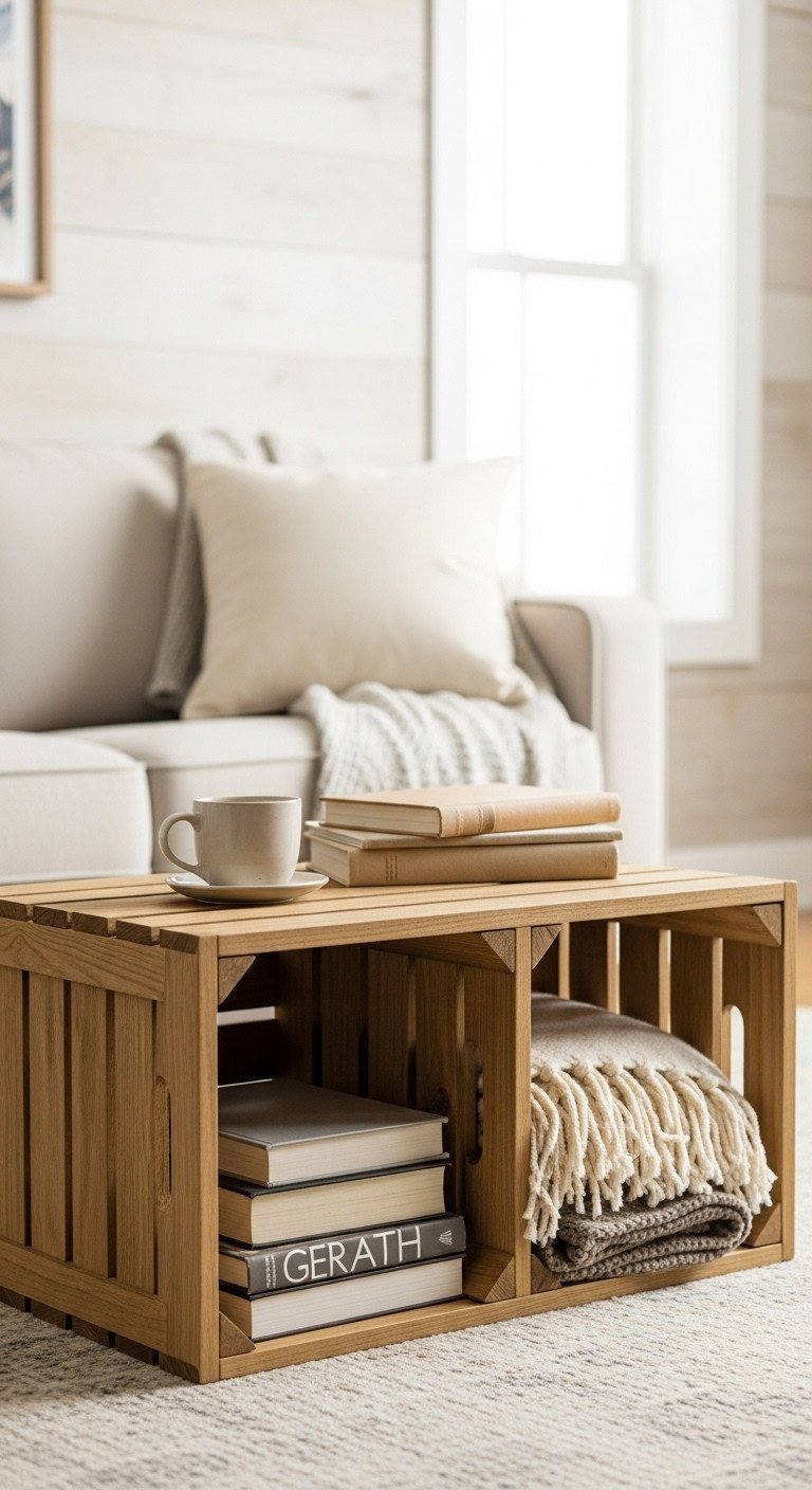 Genius DIY Crate Coffee Table Ideas For Smart Storage 1 Rustic wooden crate coffee table with four open cubby storage areas, styled with books and blankets in a cozy living room setting.