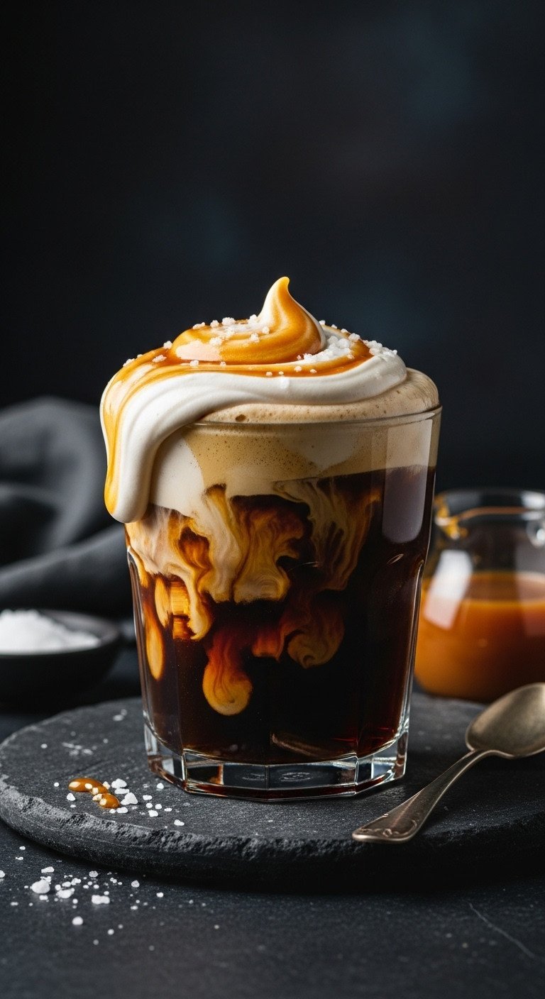 Salted Caramel Cream Cold Brew in a glass with thick, cascading cold foam, sitting on a dark, moody stone surface.