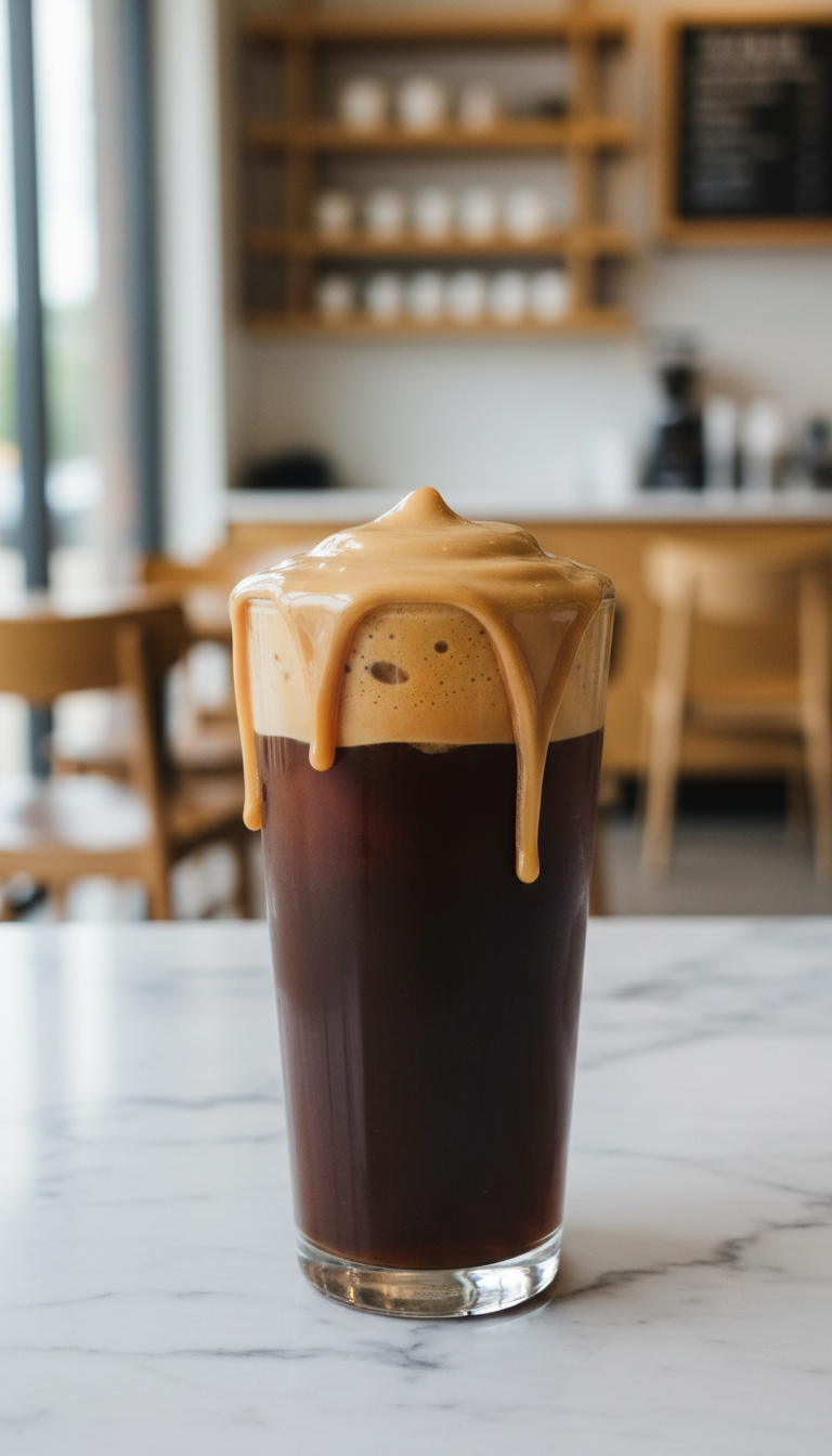 Salted caramel cold foam cold brew in clear glass, rich foam cascading, caramel drizzle, marble, blurred coffee shop background.
