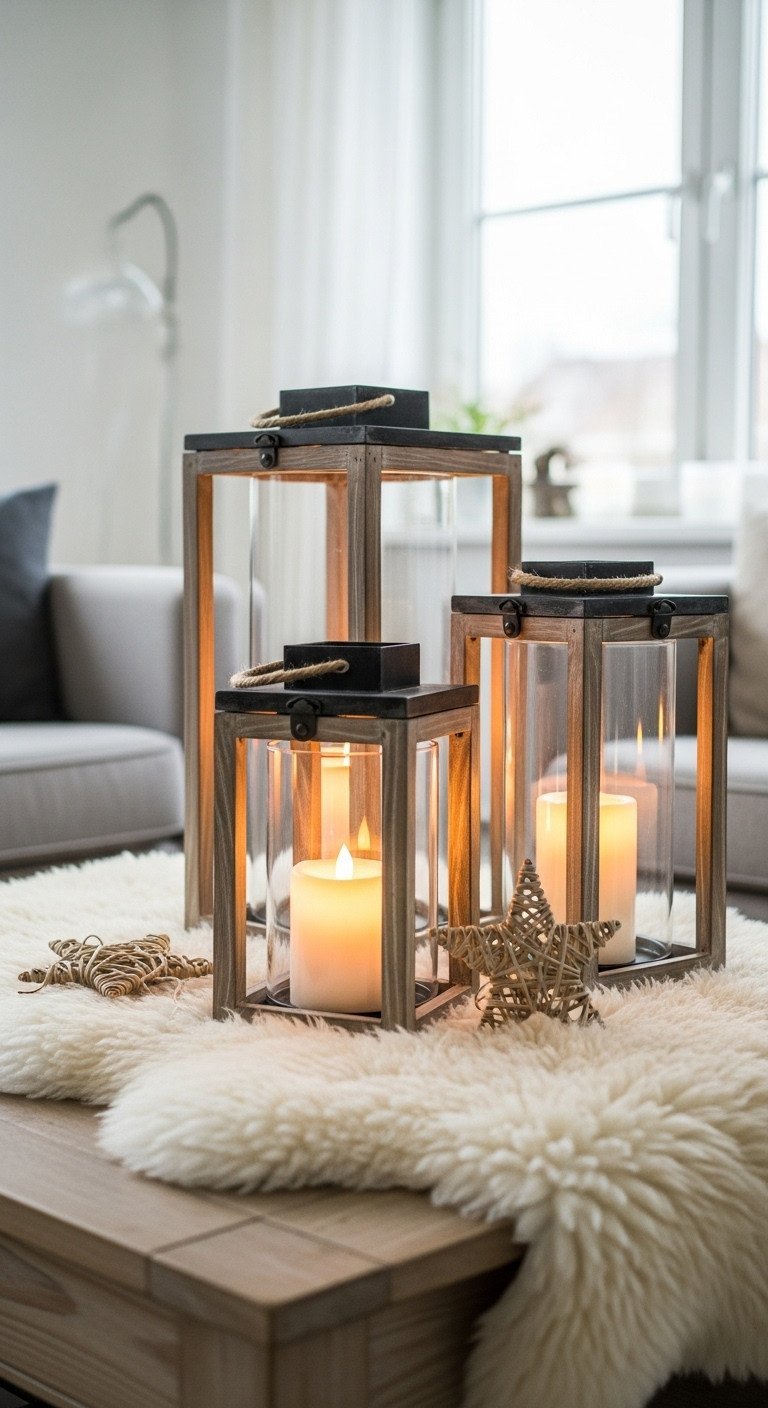 Scandi rustic wood & glass lanterns with LED candles on sheepskin throw on light wood coffee table. Inviting.