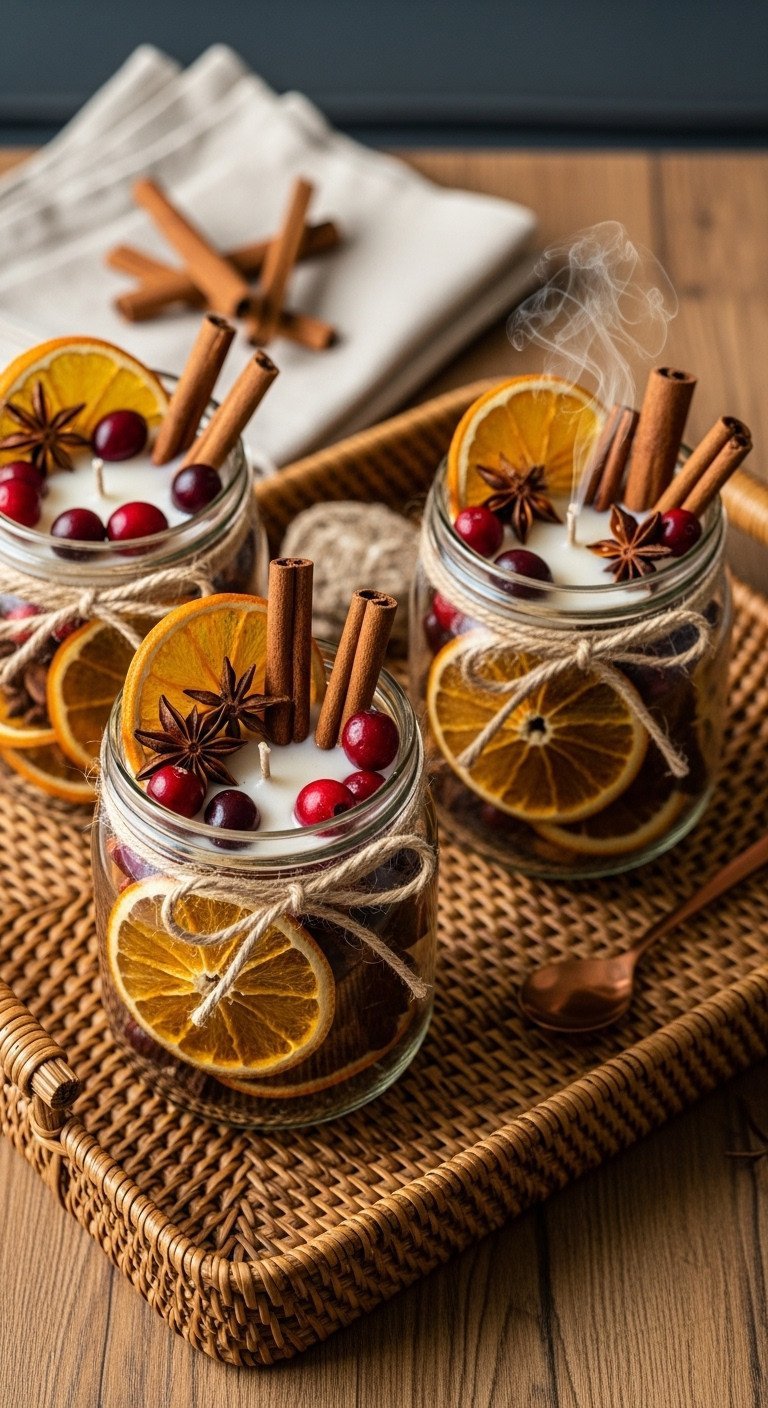 Scented holiday decor: mason jars filled with dried orange slices, cinnamon sticks, star anise, cranberries on a rattan tray.
