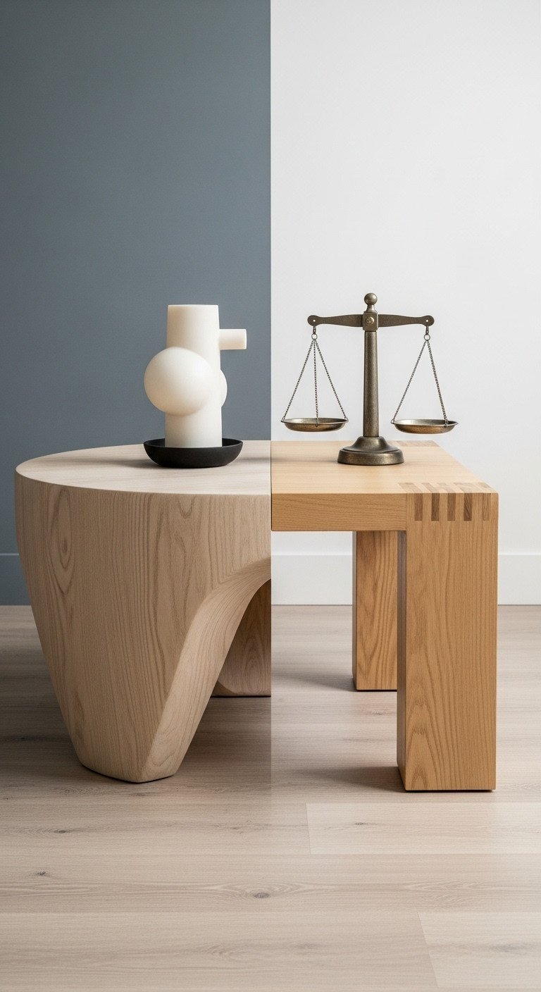 Genius Sculptural Coffee Table Designs For A Stunning Home 13 Sculptural coffee table contrasting with traditional wooden table, highlighting modern design complexity, on a light wood floor from above.