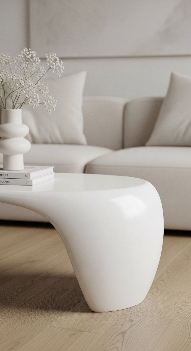 Sculptural white biomorphic coffee table with smooth curved edges in an elegant, airy minimalist living room with wood floor.
