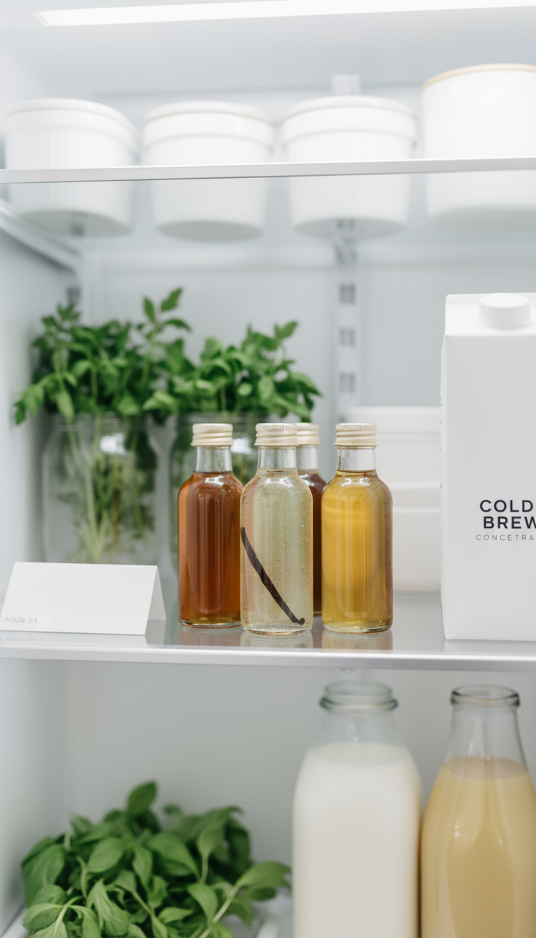 Homemade Coffee Syrup Jars: Design & Store Like a Pro 10 Sealed amber caramel and clear vanilla coffee syrup bottles stored neatly in a brightly lit refrigerator for food preservation.