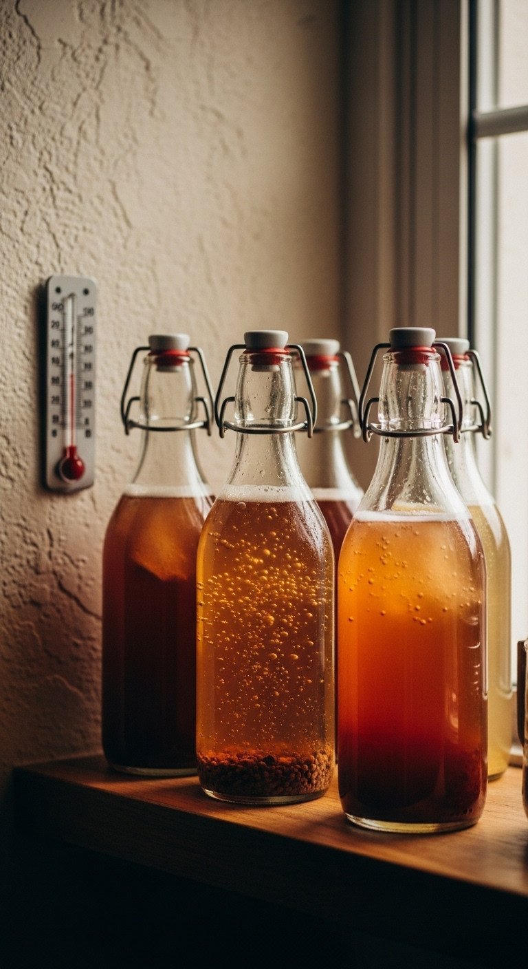 Master Kombucha Home Brewing For Gut Health And Perfect Flavor 10 Sealed swing-top bottles with fruit sediment showing bubbles, active kombucha secondary fermentation on wood shelf.