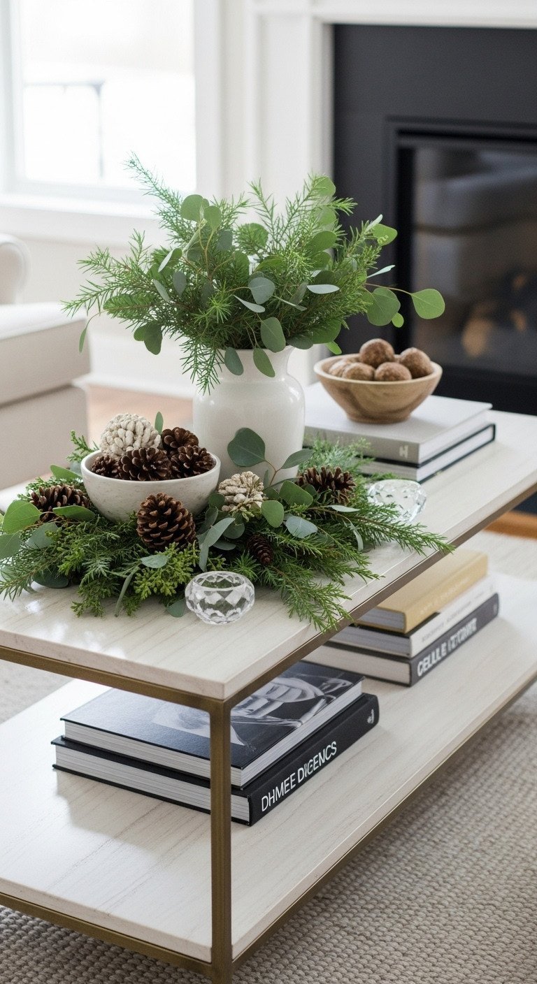 Glam Coffee Table: Smart Styling Tips for a Luxurious Home 15 Seasonally styled glam coffee table. Eucalyptus, pinecones, metallic accents, white vase, books. Green, wood, gold tones.