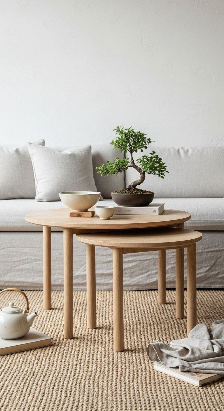 Serene Japandi minimalist living room featuring light natural wood round nesting coffee tables with subtle curved edges.