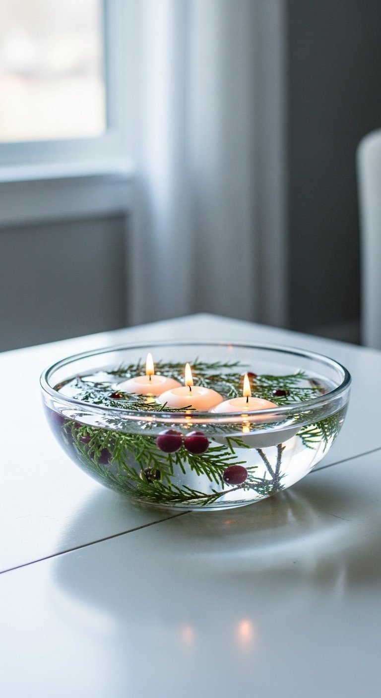 Serene minimalist Christmas decor: clear glass bowl with three white floating candles and evergreen sprigs on a white lacquer table.