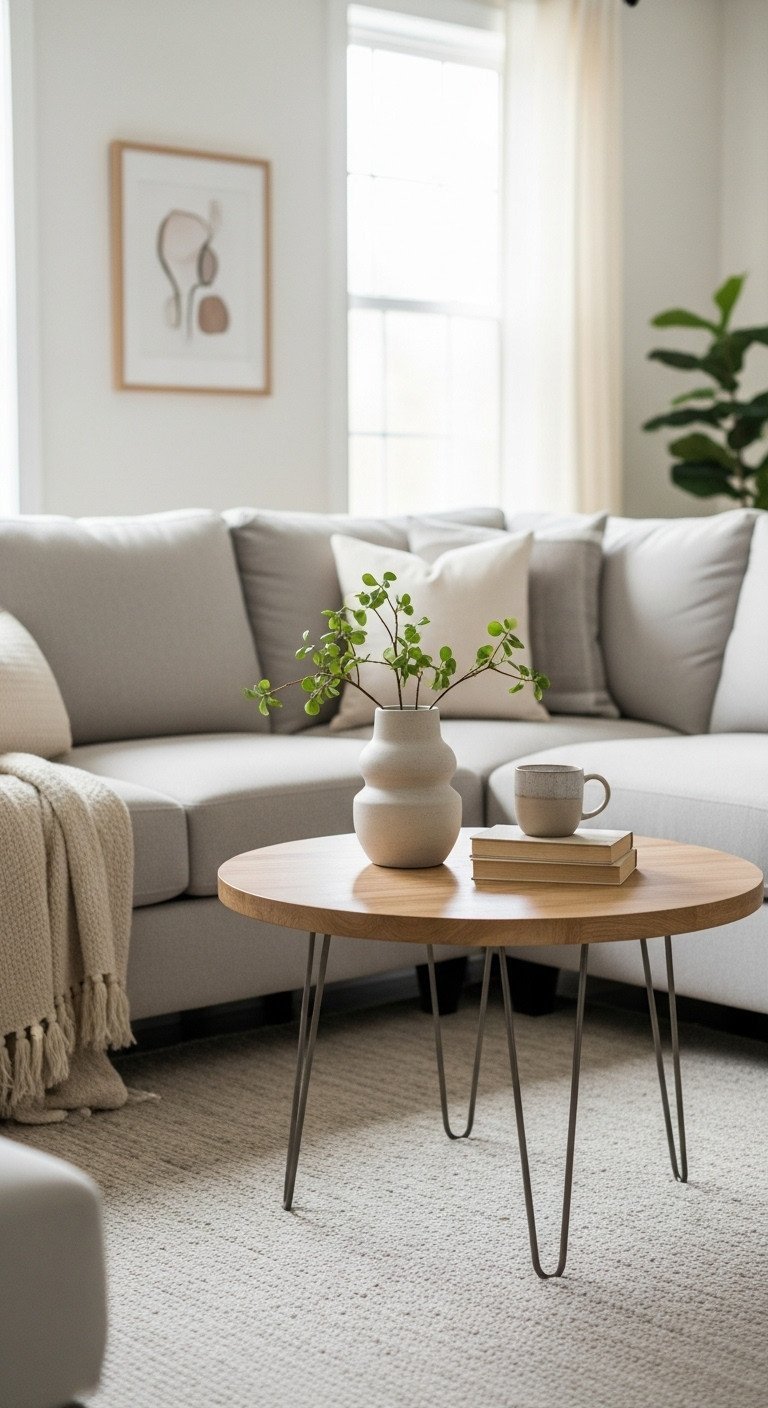 Serene small living room with light neutral L-shaped sectional and minimalist round wood coffee table. Cozy home decor.