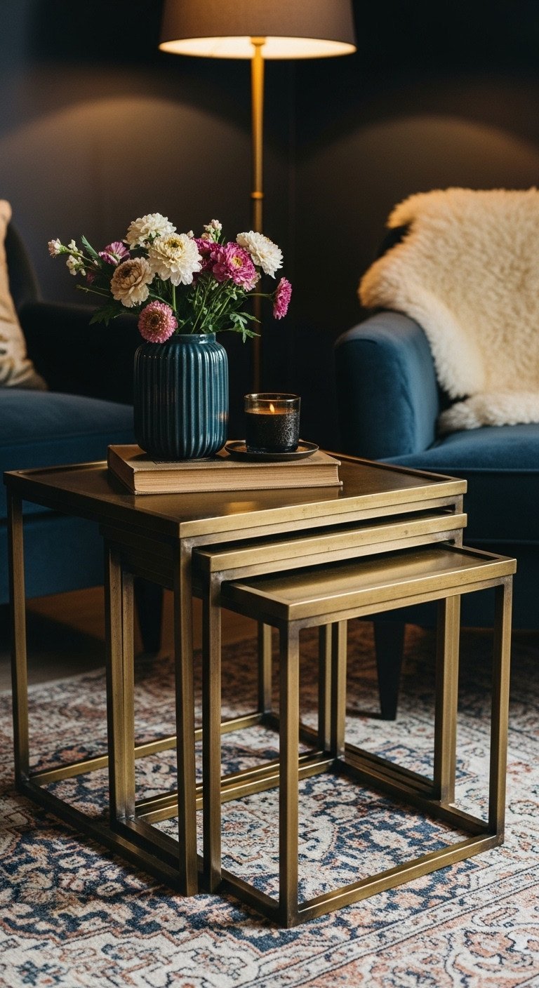 Set of three antique brass nesting coffee tables, styled with a book, next to a velvet armchair on a textured rug.