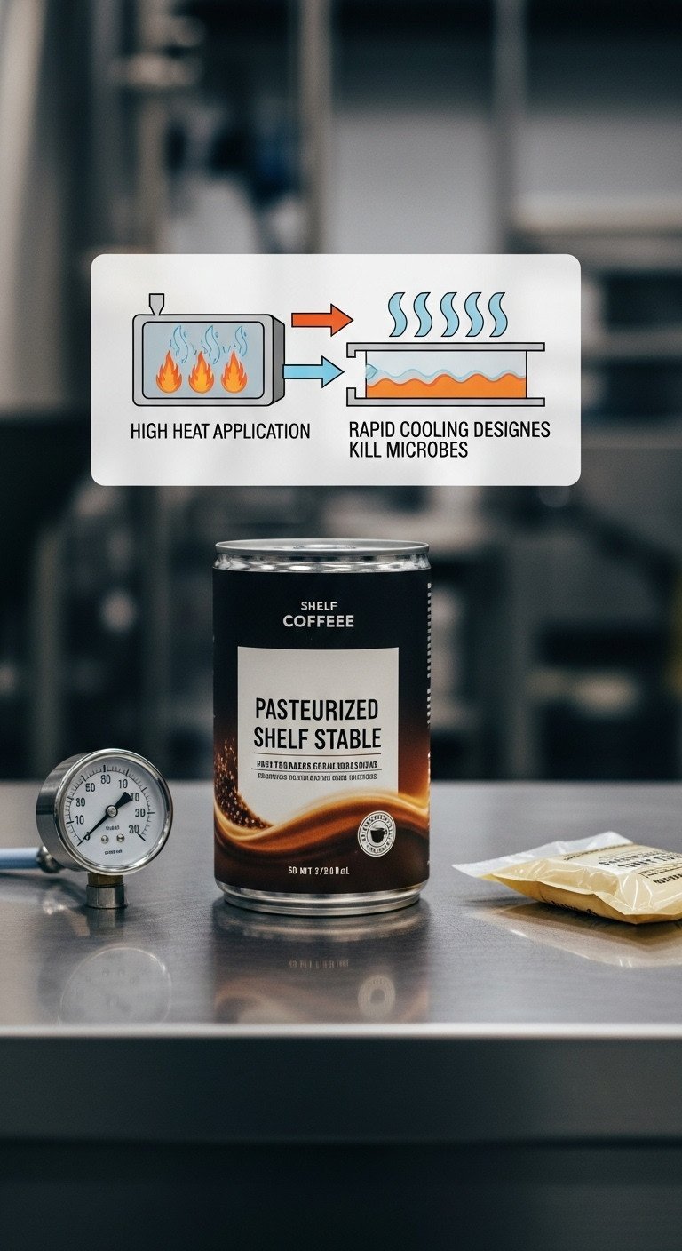 Shelf-stable coffee can (Pasteurized concept) by rapid cooling diagram. Industrial production, food safety.