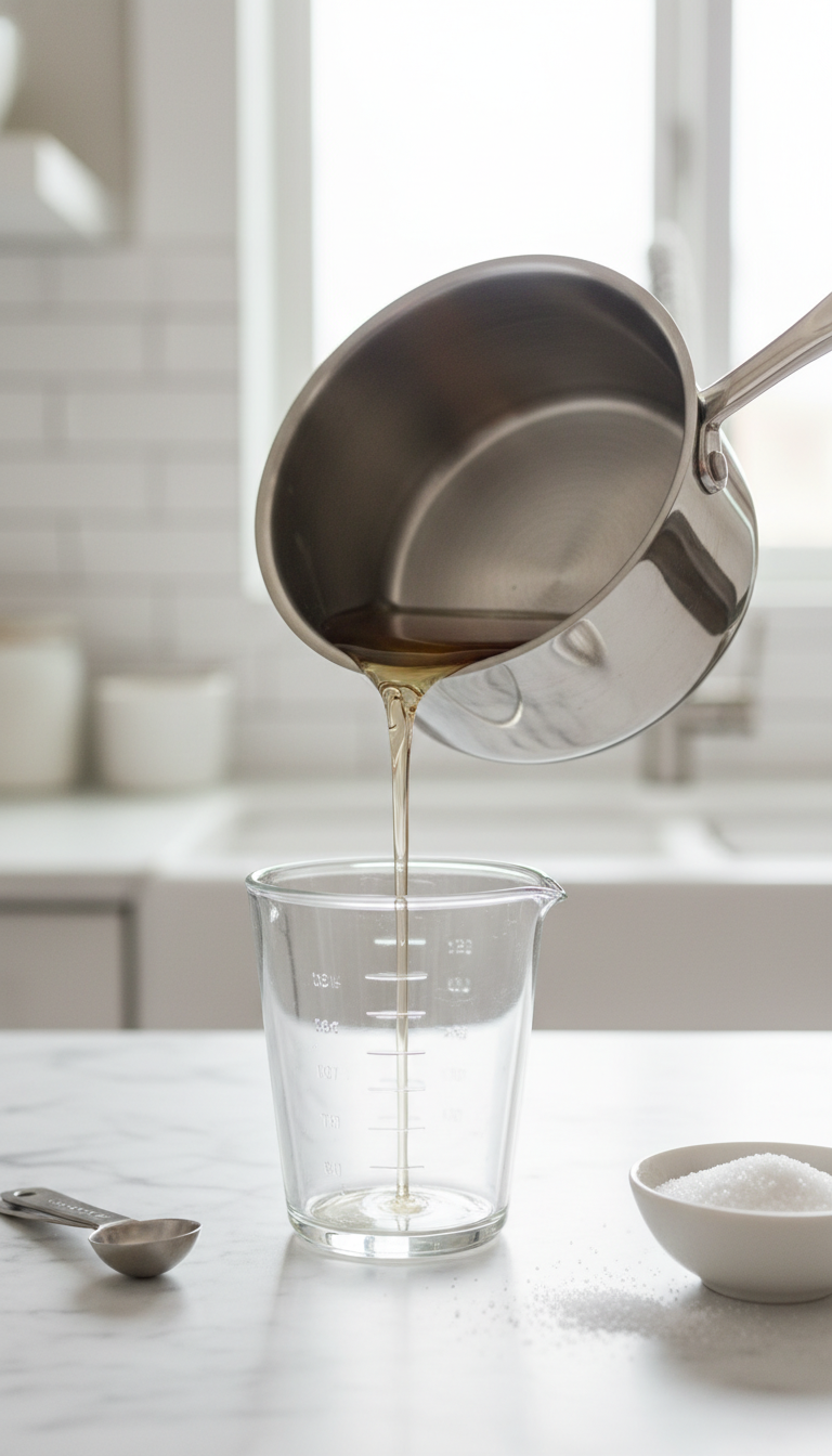 Homemade Sugar Cookie Coffee Syrup: Easy Starbucks Copycat 1 Shimmering simple syrup pours from a stainless steel saucepan into a glass measuring cup on a white marble counter with sugar.