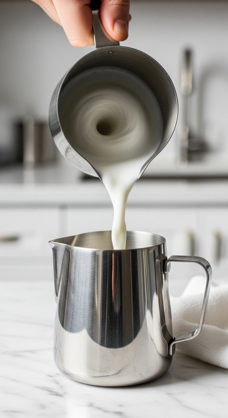 Side-angle view of a steam wand creating a smooth, glossy vortex in milk inside a steel pitcher on a marble counter.