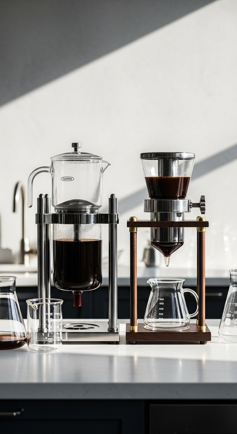 Cold Brew Coffee Master Guide To Smooth Low Acid Ratio Secrets 19 Side-by-side comparison of a classic immersion cold brew brewer and an elegant slow-drip Kyoto-style tower on a counter.