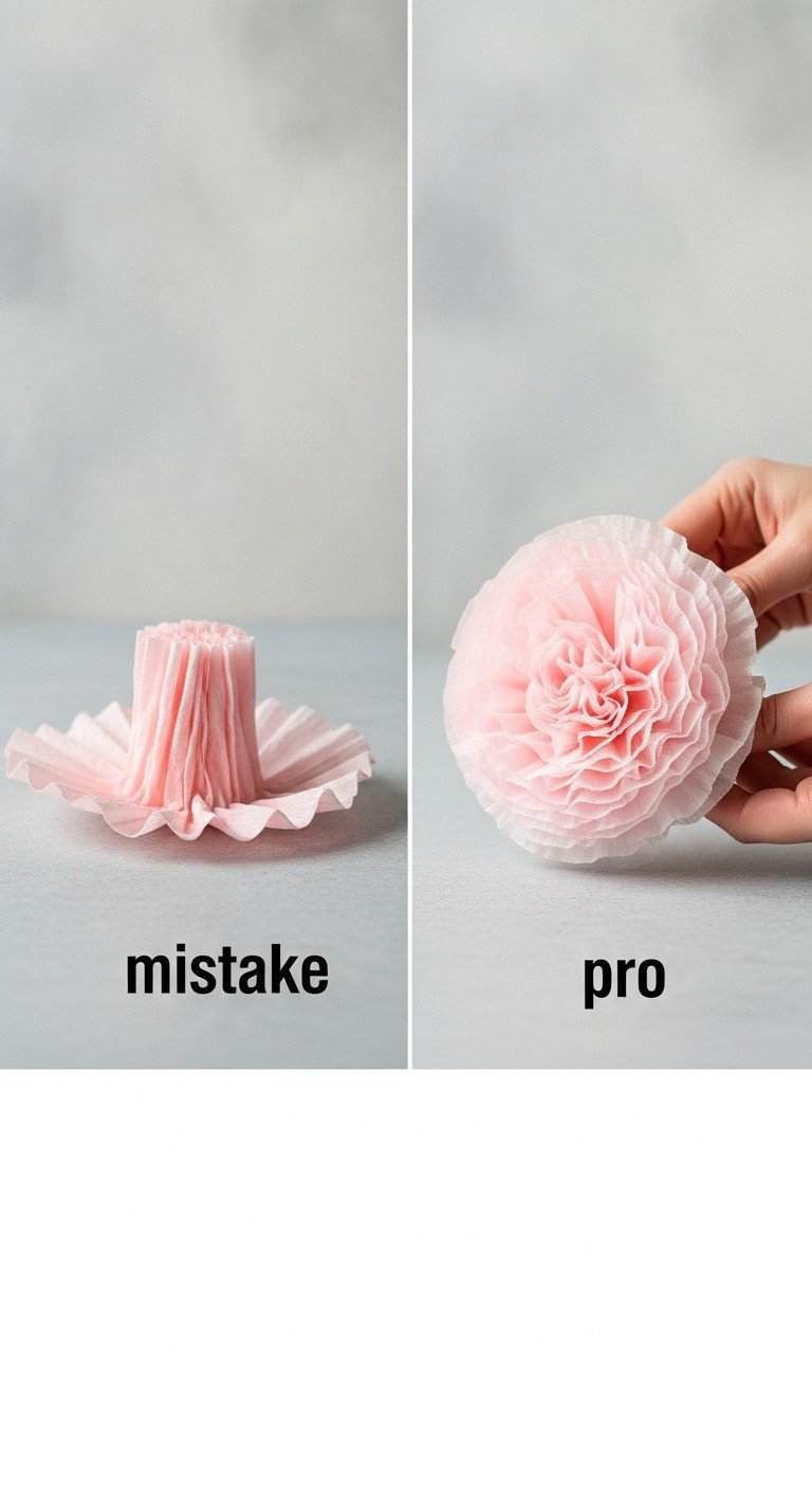 Side-by-side comparison of a flat 'mistake' coffee filter flower and a full, fluffy 'pro' flower for a DIY craft tutorial.